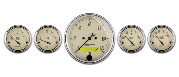 5 PC. GAUGE KIT, 3-1/8" & 2-1/16", ELEC. SPEEDOMETER, ANTIQUE BEIGE